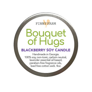 BOUQUET OF HUGS CNADLE - 100% soy. Non-toxic. Carbon-neutral. Lead-free cotton wick. Made with essential oils and paraben-free fragrance oils for an uplifting blackberry scent. Hand-poured into a travel tin with lid. Handmade by Finny Farm in Georgia.