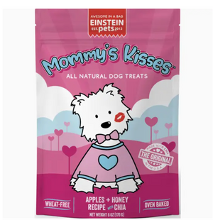 MOMMY KISSES DOG TREATS - Award winning, 100% natural, oven-baked, omega-rich chia, natural crunchy dog treats shaped in mini hearts. Made in small batches by Einstein Pets in Georgia. Heart healthy chia for omega 3 and 6. Dietary fiber. No wheat, corn, soy. 6oz