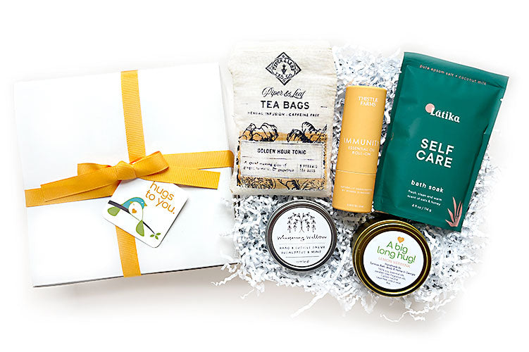 A BIG LONG HUG HUG BOX GIFT. Send a Big Long Hug with a Hug Box filled with natural, locally made stress-free and uplifting gifts. A heartfelt way to show you care and bring comfort and smiles. A great gift for sympathy, get well for family, friends, employee.