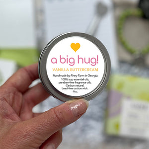 VANILLA CANDLE - A sweet and uplifting scent. 100% soy. Non-toxic. Carbon-neutral. Lead-free cotton wick. Made with essential oils and Paraffin and Phthalate-free fragrance oils. Hand-poured into a travel tin with lid. Handmade in Georgia by Finny Farm. Approx. burn time is 20-25 hrs. 4oz. Family-owned small business.