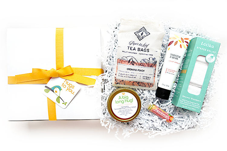 A BIG LONG HUG HUG BOX -- Send a Big Long Hug with a Hug Box filled with natural, locally made stress-free and uplifting gifts. A heartfelt way to show you care and bring comfort and smiles. A great gift for sympathy, get well for family, friends, employee.