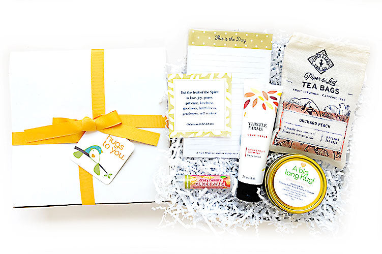 A Big Long Hug Hug Box Gift. Send a Big Long Hug with a Hug Box filled with natural, locally made stress-free and uplifting gifts. A heartfelt way to show you care and bring comfort and smiles. A great gift for sympathy, get well for family, friends, employee.