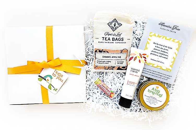 Send a Big Long Hug with a Hug Box filled with natural, locally made stress-free and uplifting gifts. A heartfelt way to show you care and bring comfort and smiles. A great gift for sympathy, get well for family, friends, employee.