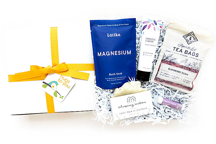 Healing Hugs Hug Box Gift. A thoughtful gift to send for healing and hugs. Filled with comfort and reset, all natural products. A gift for get well, sympathy, thinking of you.
