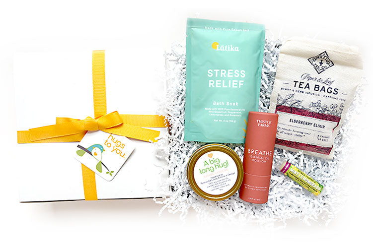 HUGS FROM AFAR HUG BOX - When you can't be near, send them hugs from afar! This sweet and meaningful gift box is filled with uplifting gifts by local small businesses.