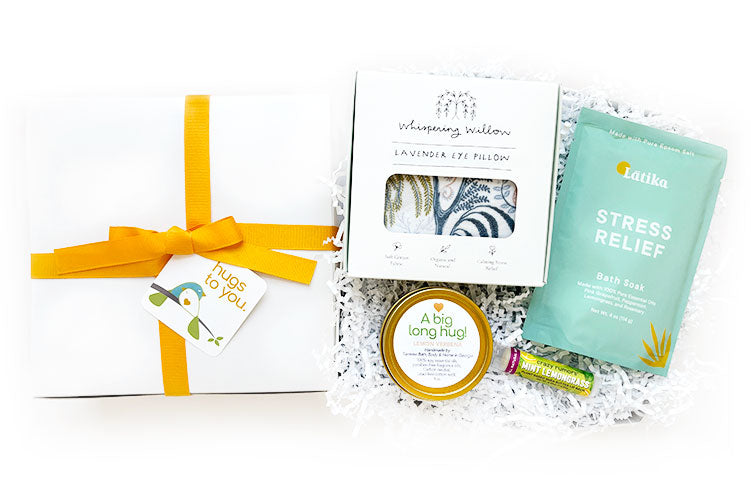 HUGS FROM AFAR HUG BOX. When you can't be near, send them hugs from afar! This sweet and meaningful gift box is filled with uplifting gifts by local small businesses.