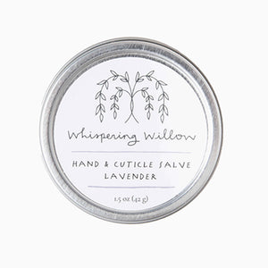 LAVENDER HAND & CUTICLE CREAM - Handcrafted in small batches in North Carolina by Whispering Willow. WBENC certified Woman owned business, certified cruelty-free through Leaping Bunny, and members of 1% for the Planet. Organic Sunflower Oil, Organic Beeswax, Organic Jojoba Oil, Organic Sweet Almond Oil, Organic Essential Oil. 4 oz.