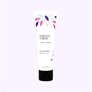 LAVENDER LOTION - This luxurious formula glides effortlessly onto skin, enveloping it in a silky-smooth texture that feels refreshingly airy. Handmade with all natural ingredients including lavender essential oil. Created with love by the women of Thistle Farms in Tennessee. A nonprofit providing safe havens for women for healing, combining secure housing, meaningful employment, and lifelong sisterhood. 2 oz.