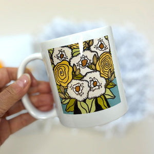 FLORAL BOUQUET MUG - A little happy to add with their tea or coffee. Original acrylic painting created by Pick it Place Designs in Georgia and printed on mug. Ceramic. Dishwasher and microwave safe. 11oz.