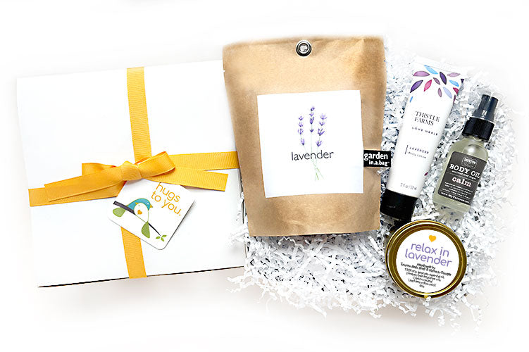 RELAX IN LAVENDER HUG BOX GIFT - They will relax in all natural lavender with this gift box filled with lavender products to relax and bring some rest and calm. Our products are made with natural ingredients; lavender essential oil. A lovely gift for thinking of you, sympathy, get well, birthday or employee gift.