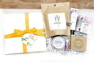 Relax in Lavender Hug Box. A gift of calming lavender artisan goodies. Send a virtual hug to their door. Perfect gift for get well, sympathy, birthday, thinking of you.  