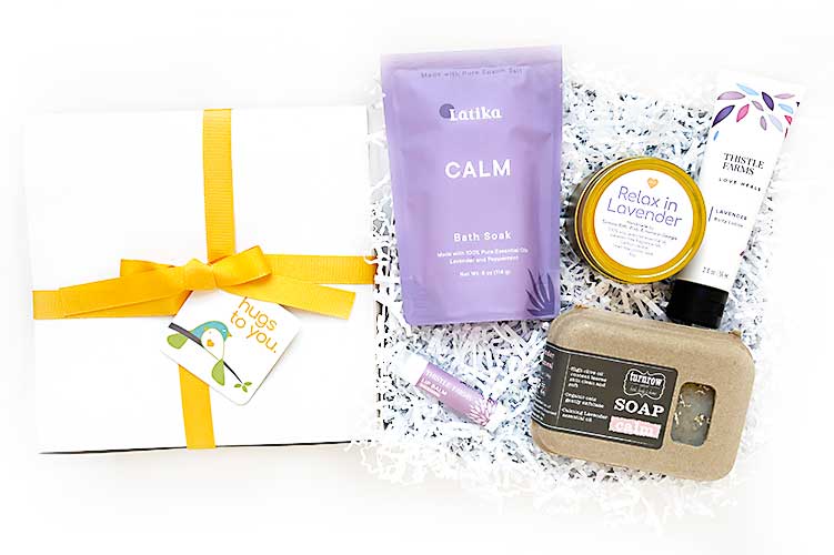 RELAX IN LAVENDER HUG BOX GIFT BOX. They will relax in all natural lavender with this gift box filled with lavender products to relax and bring some rest and calm. Our products are made with natural ingredients; lavender essential oil. A lovely gift for thinking of you, sympathy, get well, birthday or employee gift.