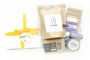 Relax in Lavender Hug Box. A gift of calming lavender artisan goodies. Send a virtual hug to their door. Perfect gift for get well, sympathy, birthday, thinking of you.  