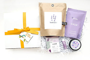 Relax in Lavender Hug Box. A gift of calming lavender artisan goodies. Send a virtual hug to their door. Perfect gift for get well, sympathy, birthday, thinking of you.  