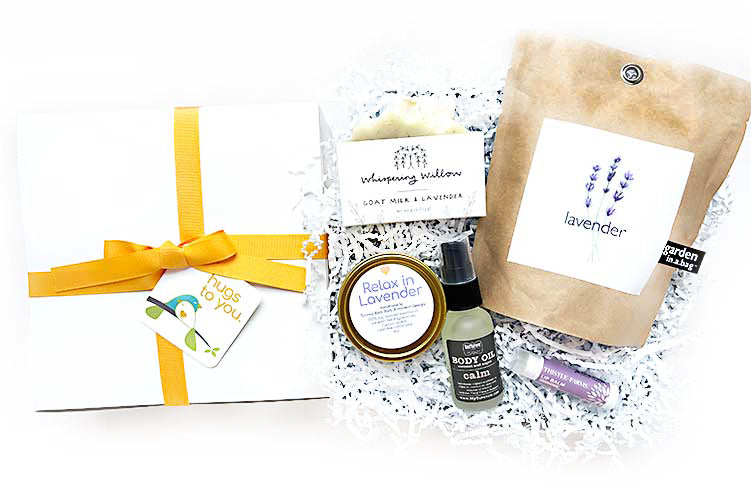RELAX IN LAVENDER HUG BOX. They will relax in all natural lavender with this gift box filled with lavender products to relax and bring some rest and calm. Our products are made with natural ingredients; lavender essential oil. A lovely gift for thinking of you, sympathy, get well, birthday or employee gift.&nbsp;