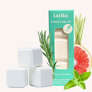 STRESS RELIEF SHOWER STEAMERS - Enjoy the benefits of aromatherapy with this blend of 100% pure essential oils to help you reset, recharge, and refocus—no matter how busy the day gets. Made with pink grapefruit, peppermint, lemongrass &amp; rosemary essential oils by Latika Beauty in Texas.&nbsp;Included in the box are three shrink-wrapped 3-oz steamer cubes.