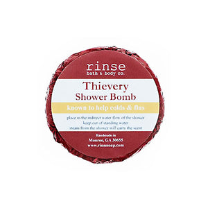 THIEVERY SHOWER STEAMER - Blend of 100% natural essential oils includes Cinnamon, Clove, Rosemary, Eucalyptus & Lemon. Can be split and used in 4 pieces. Set in shower in area not soaked in water. Made by Rinse Bath and Body in Georgia. Non-toxic. Vegan. Cruelty-free, Ethically sourced, and Sustainably sourced.