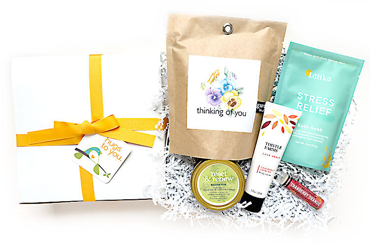Thinking of You Hug Box Gift - Send a box of hugs that will surely make them smile with blooms, sweets and soothing local artisan goodies. A meaningful way to say thinking of you for sympathy, cheer up, birthday.