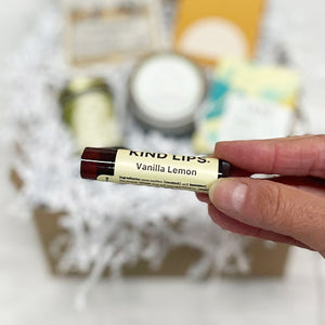 VANILLA LEMON LIP BALM - Nourishing and uplifting vanilla and lemony notes for lips. 100% natural and organic by Kind Lips in Minnesota. 20% of their profits are donated to prevent bullying.