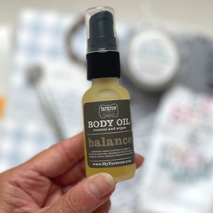 BALANCE BODY OIL - 5-in-1 Body oil is a skin nourishing body oil that is non-greasy and sinks in quickly. Great for use on face, body, hair, beard and for massage. Blended with Coconut, Argan and Sunflower oils and enriched with liquid shea olein.&nbsp; Scented with a beautiful, balancing blend of blend of amyris, bergamot, lemon, patchouli, vetiver and ylang ylang. Handmade by Turnrow Bath, Body and Home in Georgia. 1 oz.