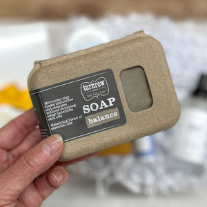 BALANCE SOAP - A favorite of both men and women and a great all over bar. Use as a facial soap, body wash and shampoo. Rhassoul clay is dug from the foot of the Atlas Mountains and is used is spas worldwide to help lift impurities from hair and body. Handmade by Turnrow Bath, Body, Home in Georgia.
