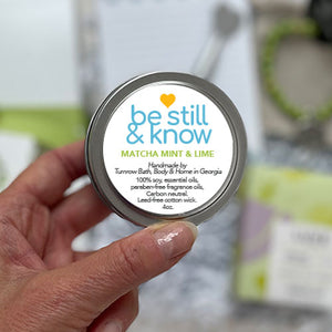 MATCHA MINT LIME CANDLE - A clean uplifting fresh scent.&nbsp; A 100% soy. Non-toxic. Carbon-neutral. Lead-free cotton wick. Made with essential oils and paraben-free fragrance oils. Hand-poured into a travel tin with lid. Handmade by Turnrow Bath, Body &amp; Home in Georgia. 4oz.
