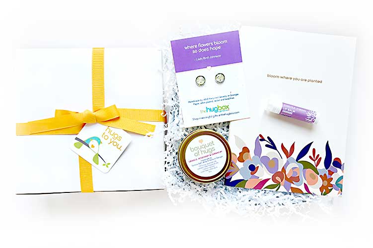 BOUQUET OF HUGS HUG BOX - Send a bouquet of hugs that will bloom even longer! Gift box filled with local artisan goodies. A meaningful way to say Happy Birthday, Thinking of you.