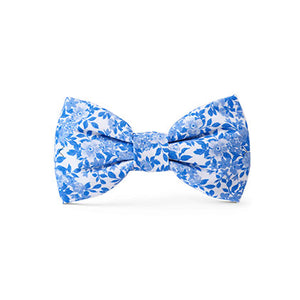 BLUE ROSES DOG BOW - Gussied up for a day or night out on a walk. Slides onto most standard-width collars with elastic loops on the back. Two loops for added stability. Made by Foggy Dog in California.&nbsp;