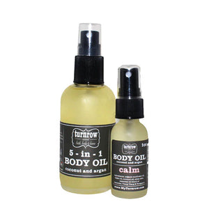 LAVENDER BODY OIL - 5-in-1 Body oil is a skin nourishing body oil that is non-greasy and sinks in quickly. Great for use on face, body, hair, beard and for massage. Blended with Coconut, Argan and Sunflower oils and enriched with liquid shea olein.&nbsp; Scented with a beautiful, calming blend of lavender with a hint of bergamot &amp; creamy floral ylang ylang essential oils. Handmade by Turnrow Bath, Body and Home in Georgia. 1 oz.