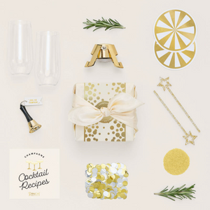 CHAMPAGNE KIT - Champagne Kit - It's always time to celebrate with a luxe Champagne Kit. This delightful assortment of effervescent accessories essentials is ready to gift in a Furoshiki-style bow box. They'll be raising a glass to these 11 must-haves, including 2 mini stemless champagne glasses, a bottle stopper, confetti, coasters (2), swizzle sticks (2), edible gold glitter, a champagne cocktail recipe booklet, and a "ring for champagne" bell..Created by Pinch Provisions in Illinois.