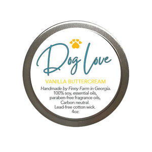 DOG LOVE CANDLE - 100% soy. Non-toxic. Carbon-neutral. Lead-free cotton wick. Made with essential oils and paraben-free fragrance oils for a vanilla buttercream scent. Hand-poured into a travel tin with lid. Handmade by Finny Farm in Georgia.