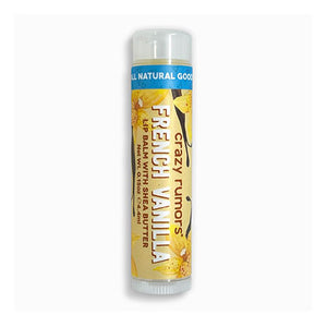 FRENCH VANILLA LIP BALM - Yummy vanilla for the lips. 100% Natural ingredients. Certified cruelty-free. Plant based. Vegan formulated with hydrating organic shea butter and made with real food grade flavors. BPA free, recyclable containers. Made by Crazy Rumors in Georgia.