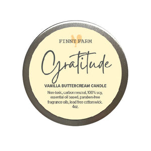 VANILLA BUTTERCREAM CANDLE&nbsp;- 100% soy. Non-toxic. Carbon-neutral. Lead-free cotton wick. Made with essential oils and paraben-free fragrance oils for a yummy vanilla scent. Hand-poured into a travel tin with lid. Handmade by Finny Farm in Georgia. 4oz.&nbsp;