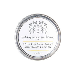 ROSEMARY LEMON HAND CREAM - A lovely soothing cream for the hands. Rosemary and Lemon essential oils. Handcrafted in small batches in North Carolina by Whispering Willow. WBENC certified Woman owned business, certified cruelty-free through Leaping Bunny, and members of 1% for the Planet. Organic Sunflower Oil, Organic Beeswax, Organic Jojoba Oil, Organic Sweet Almond Oil, Organic Essential Oil. 4 oz.