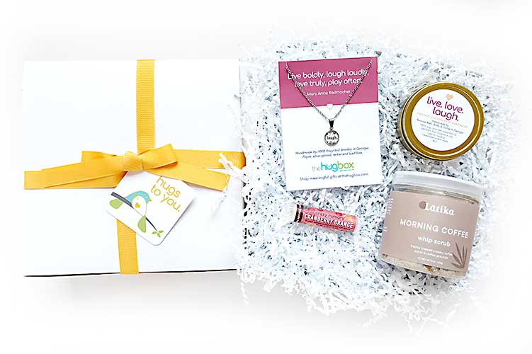 LOVE LAUGH AND HUGS HUG BOX GIFT - Send a hug box filled with sweet and uplifting artisan goodies. This love, laughs and hugs gift box is perfect for a holiday gift, cheer up gift, birthday gift.&nbsp;