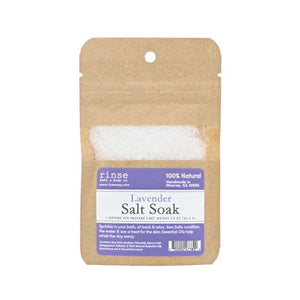 LAVENDER SALT SOAK - Time to relax with some lavender in a blend of sea salt and epsom salt help soothe over-worked, sore and tired muscles all while helping to condition the skin. Contains 1 serving of soaking salts. 100% naturally derived ingredients: blend of sea salts, epsom salts, lavender essential oil, Tapioca Starch (to dissipate the essential oils). Made by Rinse Soap in Georgia. Vegan.