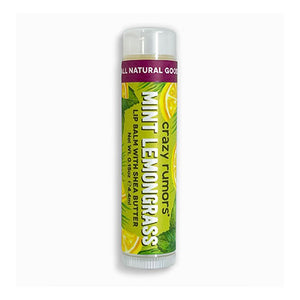 MINT LEMONGRASS LIP BALM - A uplifting combination for the lips. 100% Natural ingredients. Certified cruelty-free. Plant based. Vegan formulated with hydrating organic shea butter and made with real food grade flavors. BPA free, recyclable containers. Made by Crazy Rumors in Georgia.