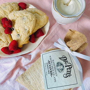 RASPBERRY WHITE CHOCOLATE SCONE MIX - A sense of happiness and calm develops as they wonder if serotonin is an ingredient. These Raspberry White Chocolate scones, which you make by adding 1 cup of heavy cream, are flat out delicious. Hand packed by Dr. Pete's Foods in Georgia. Natural ingredients. Small batch. Small family business. 1 year shelf life. Photo credit: Dr. Pete's Foods