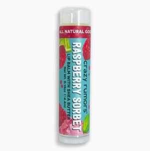 RASPBERRY SORBET LIP BALM&nbsp;- Sweet berry meet citrus tartness. So very, berry good! 100% Natural ingredients. Certified Cruelty - Free. Plant based. Vegan Formulated with Hydrating Organic Shea Butter annd Made with REAL food grade flavors. BPA free, recyclable containers. Made by Crazy Rumors in Georgia.