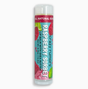 RASPBERRY SORBET LIP BALM - Sweet berry meet citrus tartness. So very, berry good! 100% Natural ingredients. Certified Cruelty - Free. Plant based. Vegan Formulated with Hydrating Organic Shea Butter annd Made with REAL food grade flavors. BPA free, recyclable containers. Made by Crazy Rumors in Georgia