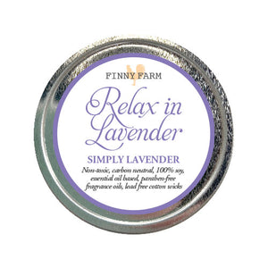 LAVENDER CANDLE - 100% soy. Non-toxic. Carbon-neutral. Lead-free cotton wick. Made with essential oils and paraben-free fragrance oils for a subtle lavender scent. Hand-poured into a travel tin with lid. Handmade by Finny Farm in Georgia. 4oz.