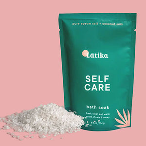 SELF CARE SALT SOAK - Soothing and warm creamy oats and fresh, raw, golden honey. With hints of vanilla and musk. Epsom salt - Magnesium sulfate (Epsom salt) can help soothe the skin and relax the mind and body. Organic coconut milk- this soothing addition of coconut milk works to hydrate, calm, and repair dry, itchy skin while maintaining its natural softness. Made by Latika Beauty in Texas. 4oz