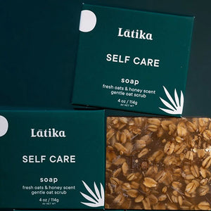 SELF CARE SOAP - Soothing notes of warm creamy oats and fresh, raw, golden honey, with hints of vanilla and musk. Glycerin soap is plant-based and contains no alcohol or harmful products to dry your skin. It cleanses without stripping or upsetting the delicate natural ph balance necessary for soft, healthy-looking skin.Vegan and cruelty-free. No artificial colors added. Oat grains for a gentle scrub. Made by Latika Beauty in Texas.