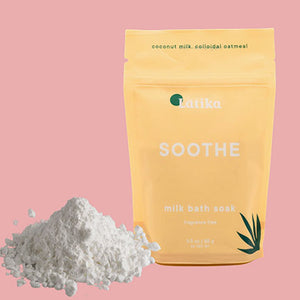 SOOTHE BATH SOAK - Soothing mixture of coconut milk and colloidal oats works to hydrate, calm, and repair dry, itchy skin while maintaining its natural softness. Oatmeal has long been known to soothe skin ailments such as eczema and psoriasis, while coconut milk is a rich source of vitamins. Vegan Milk bath soak- fragrance-free; contains no added fragrance - has a natural scent of the ingredients. Made by Latika Beauty in Texas. 4 oz