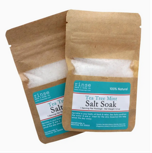 TEA TREE SALT SOAK - A little herby, a tad medicinal and a touch minty. A blend of sea salt and epsom salt help soothe over-worked, sore and tired muscles all while helping to condition the skin. Contains 1 serving of soaking salts. 100% naturally derived ingredients: blend of Sea Salts, Epsom Salts, Tea Tree &amp; Peppermint Essential Oils, Tapioca Starch (to dissipate the Essential Oils). Made by Rinse Soap in Georgia. Vegan.