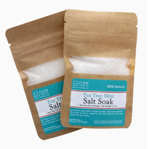 TEA TREE MINT SALT SOAK - Handmade with all natural ingredients by Rinse Soap in Georgia. They will soak up some self care with this medicinal salt soak. <span data-mce-fragment="1">A blend of sea salt &amp; epsom salt help soothe over-worked, sore &amp; tired muscles all while helping to condition the skin. Vegan and cruelty-free. 1.5 oz.
