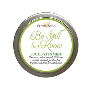 EUCALYPTUS MINT CANDLE - 100% soy. Non-toxic. Carbon-neutral. Lead-free cotton wick. Made with essential oils and paraben-free fragrance oils to bring a healing comfort. Hand-poured into a travel tin with lid. Handmade by Finny Farm in Georgia.
