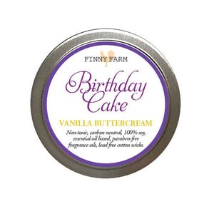 BIRTHDAY CAKE CANDLE - 100% soy. Non-toxic. Carbon-neutral. Lead-free cotton wick. Made with essential oils and paraben-free fragrance oils to fill the room with vannila and buttercream. Hand-poured into a travel tin with lid. Handmade by Finny Farm in Georgia.